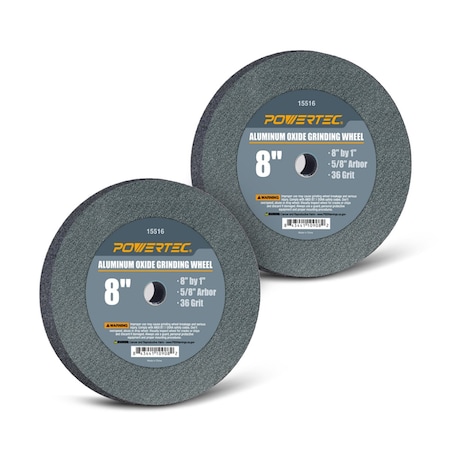 Powertec Aluminum Oxide Grinding Wheel, 8 in. x 1 in. with 5/8 in. Arbor, 36 Grit, 2PK 15516-P2
